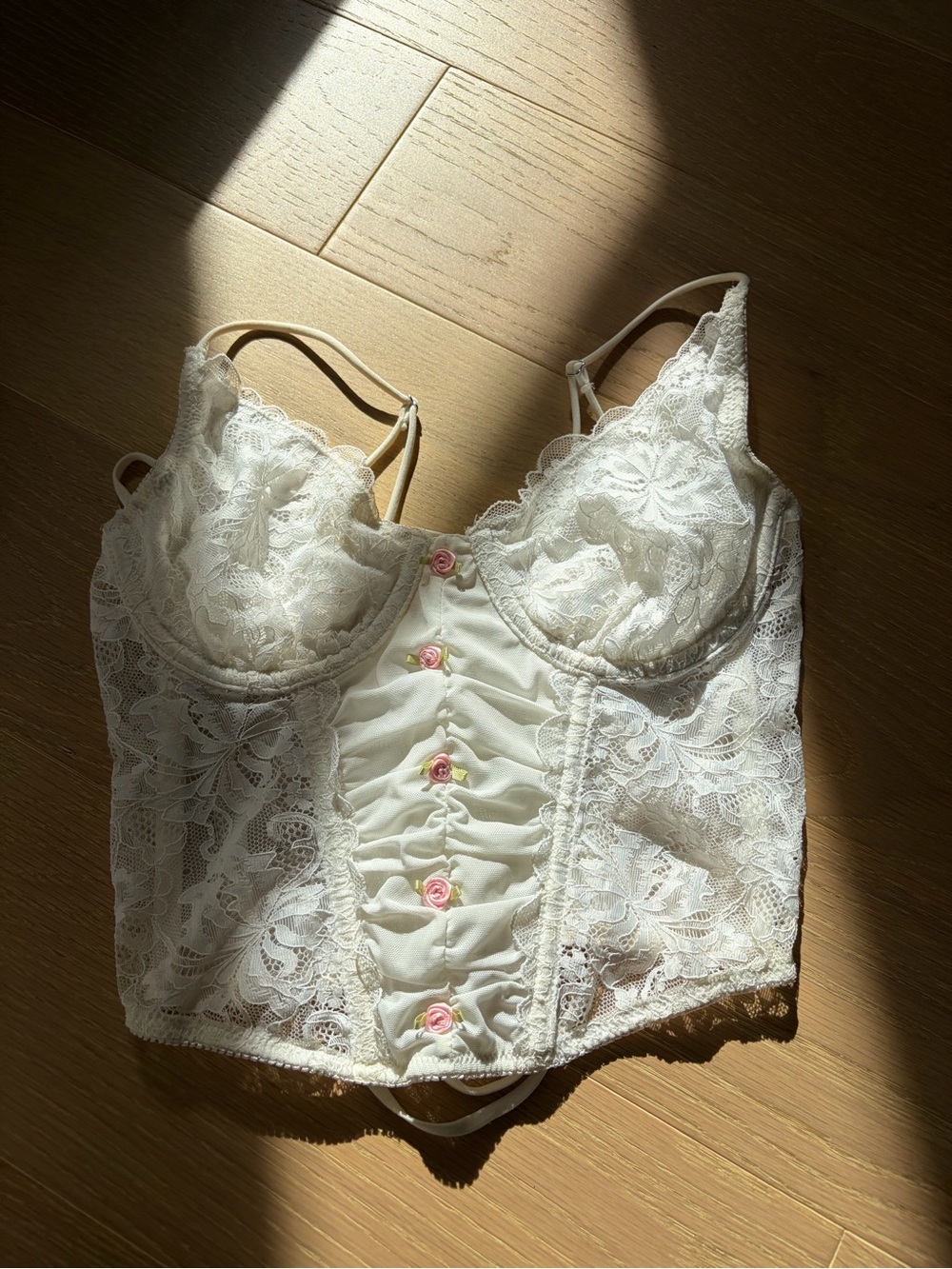 Urban Outfitters Ivory Lace Bustier with Pink Rose Buttons